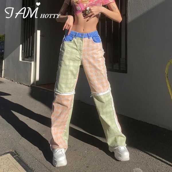 

women's jeans y2k ripped patchwork plaid print straight women aesthetic high waist baggy mom denim trousers street cargo pants iamty, Blue
