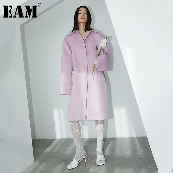 

women's wool & blends [eam] loose fit vintage pockets big size woolen coat parkas notched long sleeve women fashion autumn winter 2021, Black