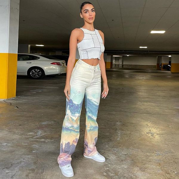 

2021 new women high waist straight printed slim trend all-match casual pants wide leg pants korean style y2k pants woman, Black;white