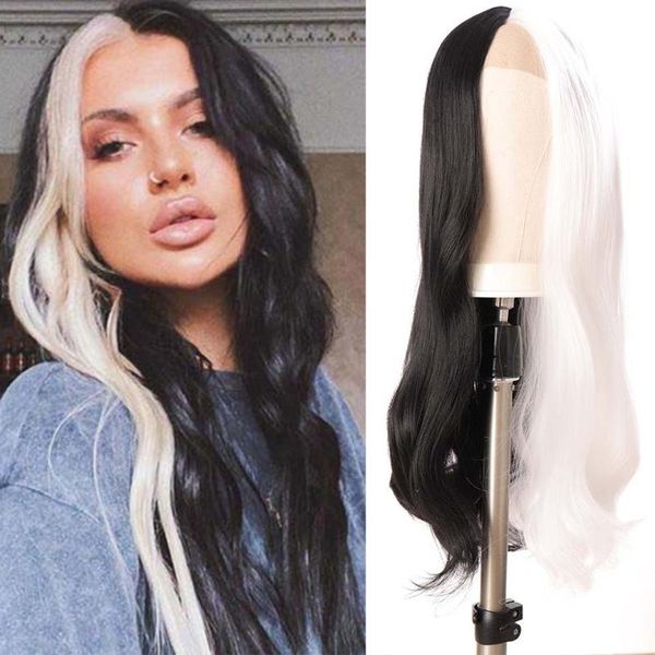 

synthetic wigs houyan beautiful straight black and white ombre color highlight lace frontal wig remy brazilian