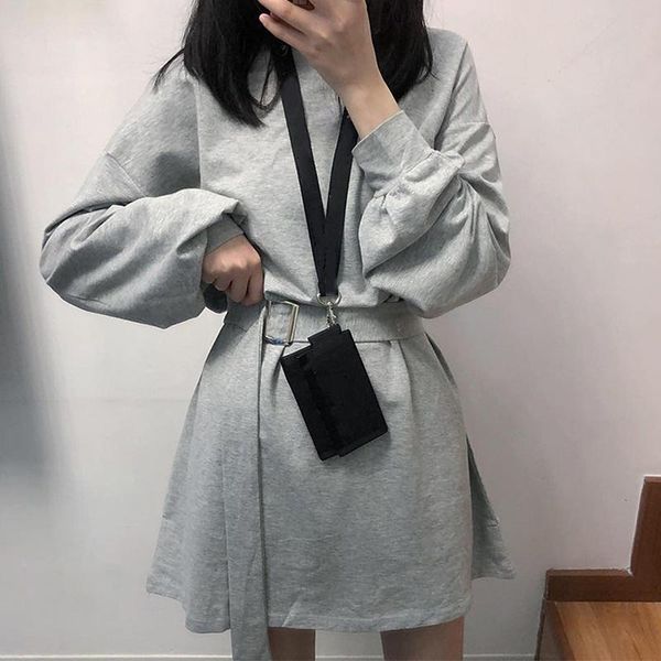 

casual dresses solid color loose t shirt dress women with belt long sleeve fashion o neck women's clothes retro female, Black;gray