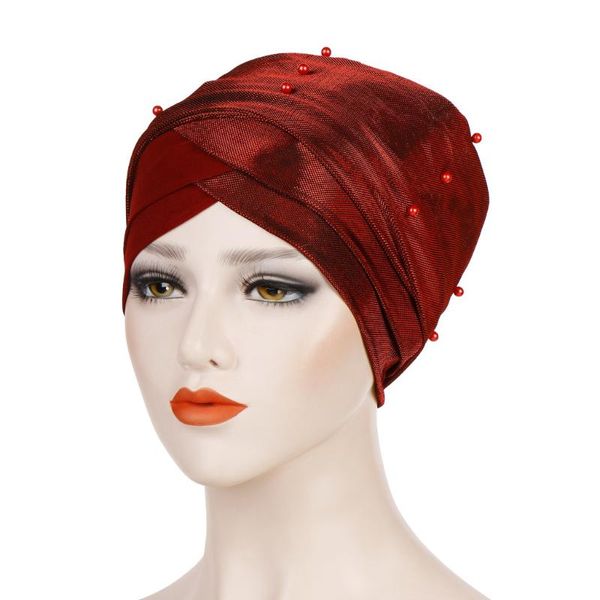 

head cap europe and the united states two-color nail bead headdress bright silk cloth headscarf hijabs women scarf turban hat ethnic clothin, Red