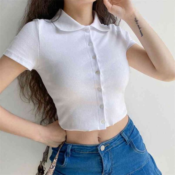 Frauen T-Shirt Revers Kurzarm Button Up Weiß Solide Slim Fit Sommer Junge Mädchen Student Uniform Büro Damen Top 210522
