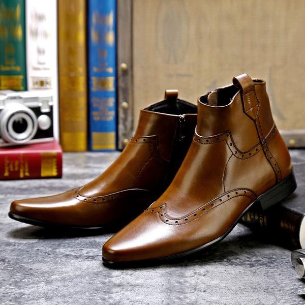 

boots men's autumn high genuine leather retro short side zipper shoes, Black