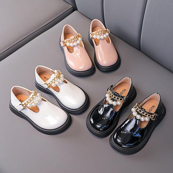 

flat shoes 2021 girls leather pearl wedding dress princess school fashion kids 21-30 mary jane baby girl, Black;grey