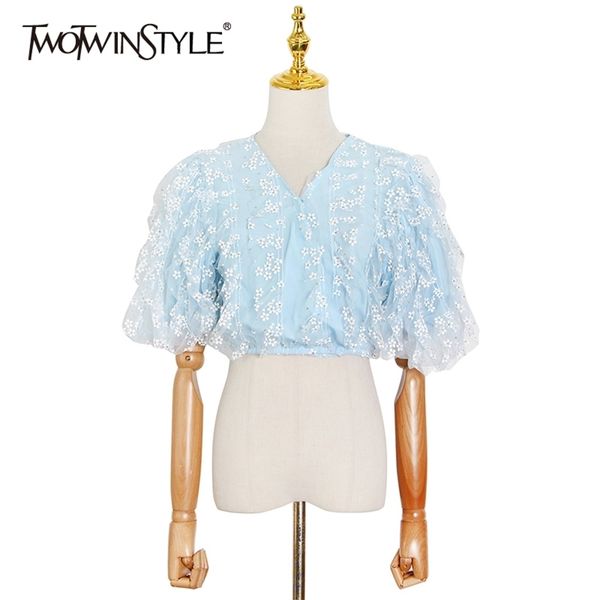 

sweet print floral shirt for women v neck puff sleeve korean short blouse female fashion clothing spring 210524, White
