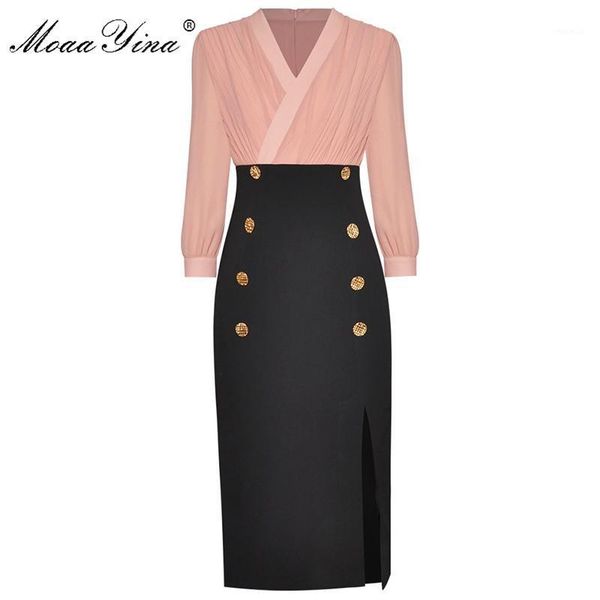 

moaayina fashion dress spring women v-neck ruched patchwork double breasted package hip split dresses casual, Black;gray