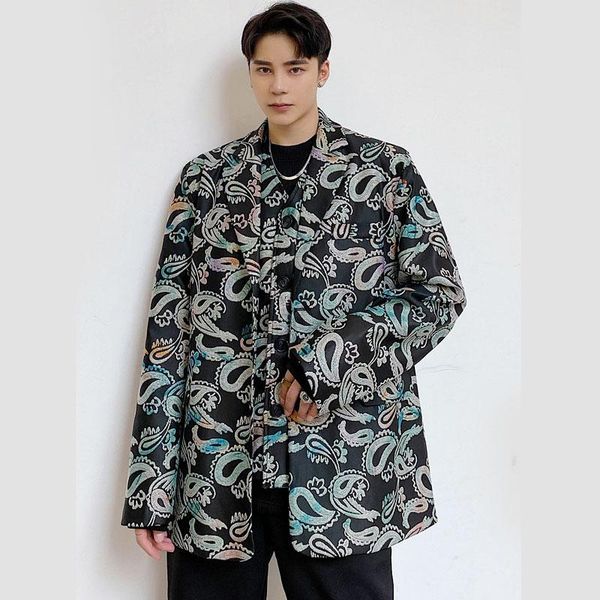 

men pattern print vintage fashion casual loose suit blazers coat outerwear stage show clothing male streetwear jacket men's suits &, White;black