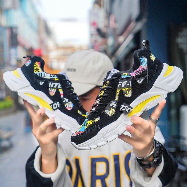 

new autumn black yellow men casual sneakers graffiti pringted men designer shoes big size 46 trainers sneakers zapatillas hombre