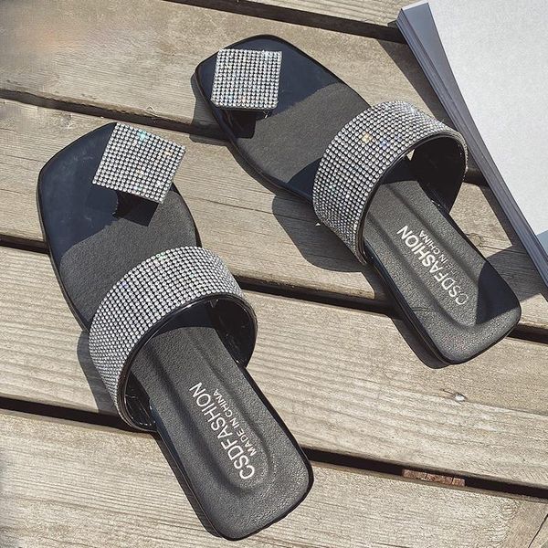 

summer style shoes women sandals bling crystal flats solid flip flops ladies slippers big size 42, Black