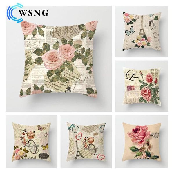 

cushion/decorative pillow retro pink rose eiffel tower floral plush cushion cover polyester postage pillowcase living room sofa decor case