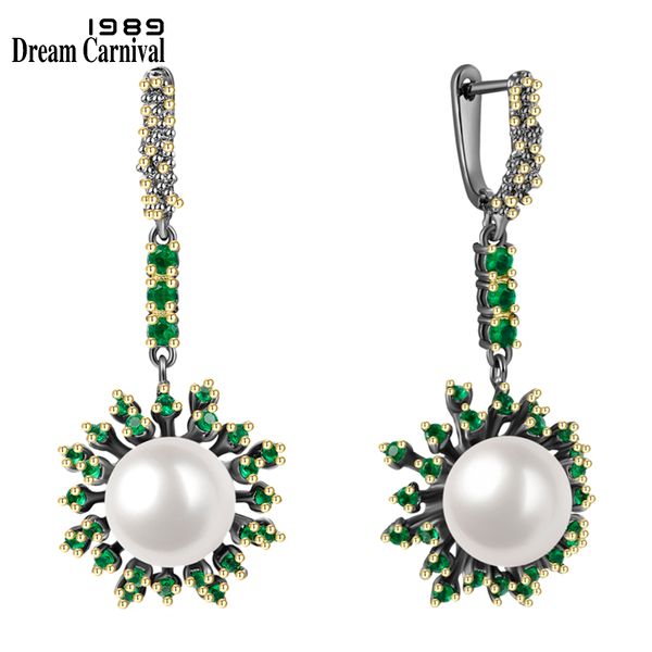 

dreamcarnival1989 blossoming flower hanging earrings for women promise wedding green zircon white pearl christmas jewelry we3949, Golden;silver