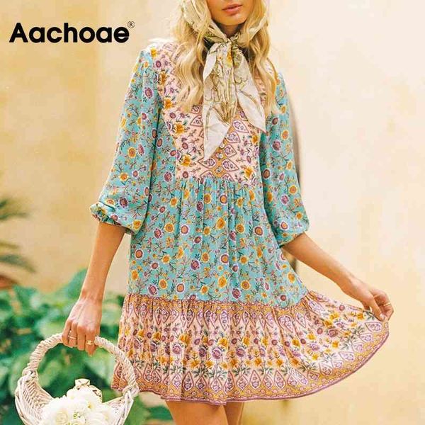 

summer deep v neck mini women bohemian floral print beach dress ladies three quarter sleeve holiday dresses 210413, Black;gray