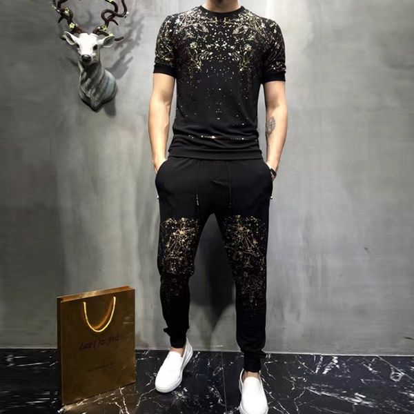 

tracksuits high-quality men's tracksuit heavy industry sky rhinestone summer selling casual t-shirt+shorts 2-piece suit, Gray