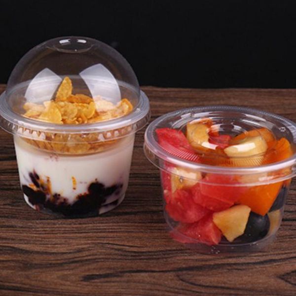 

disposable cups & straws 120/140/250ml salad cup transparent plastic dessert bowl container with lid for bar cafe home (dome hole)