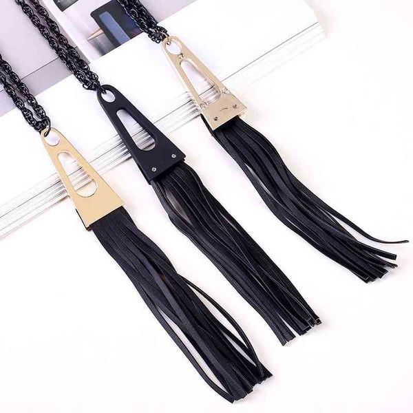 

triangle leather tassel assorted accessories necklace long sweater chain special price, Black