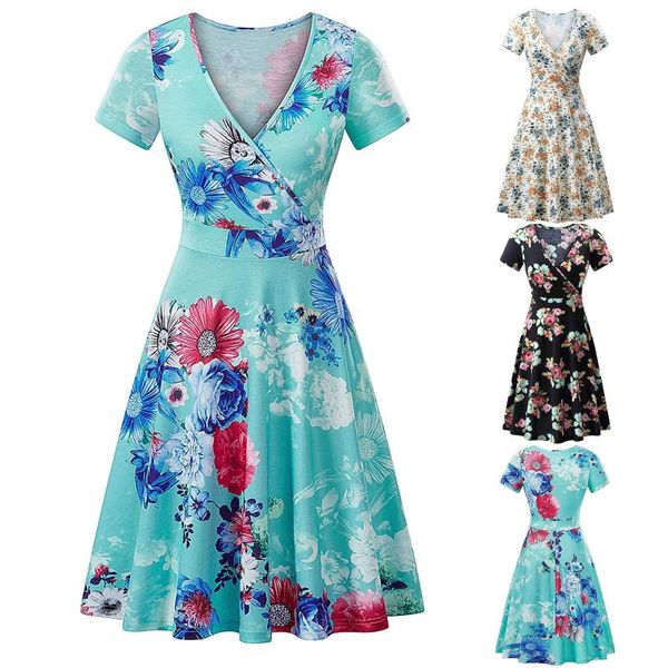 

women boho sundress elegent beach dress v neck short sleeve 2021 summer vintage floral party dresses vestidos casual, Black;gray