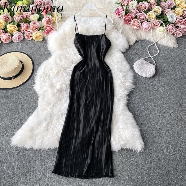 

kimutomo women elegant dress vintage french style 2021 fashion ladies a-line party solid sleeveless pleated vestidos casual dresses, Black;gray
