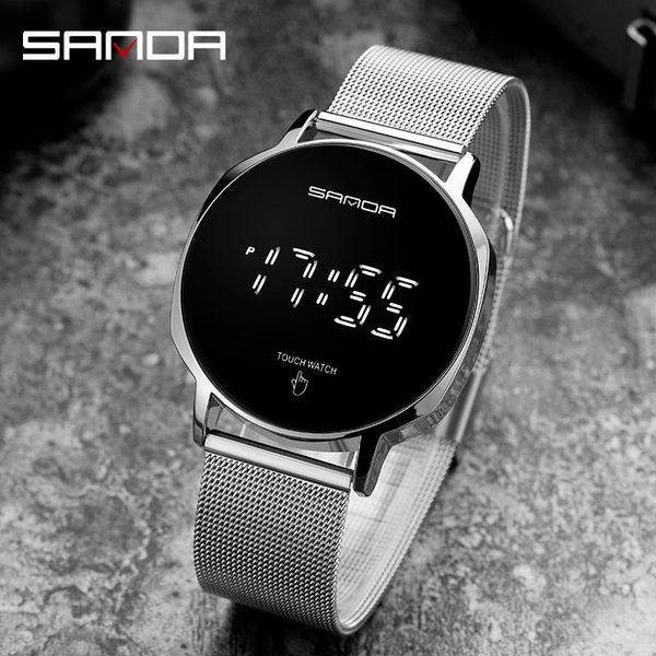 

wristwatches 2021 sanda fashion waterproof mens watch led touch screen date sport mesh belt hours wrist black gifts reloj hombre, Slivery;brown