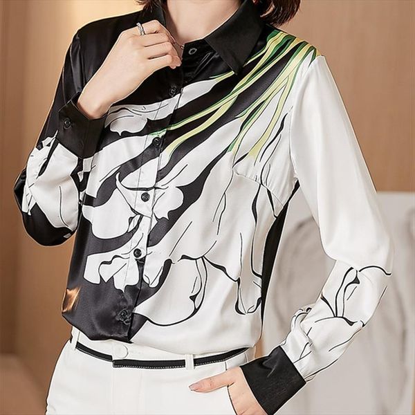 

korean silk satin women shirt long sleeve floral ladies plus size, White