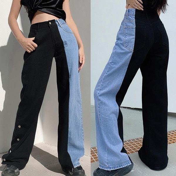 

women's pants & capris contrast color stitching side splits loose split denim high waist jeans straight women, Black;white