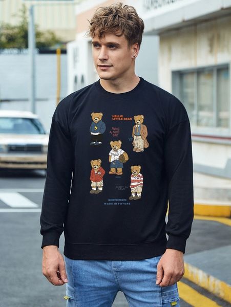 

men cartoon bear and slogan graphic drop shoulder pullover n9sw#, Black