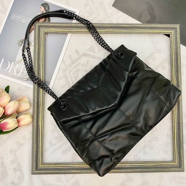 

black crossbody women messenger purse puffer quilting cowhide leather tote handbag chain duffle bag