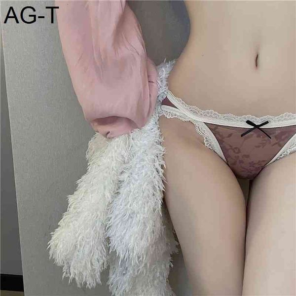 

mesh small lace women's high split thin translucent hip girl triangle underwear, Black;pink