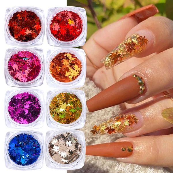 Maple Folha Fall Fall Thanksgiving Unhas Adesivos Decalque Diy Colorido Lantejoulas Laser Nail Art Glitters Flocos Finais Adesivo Colorido Confetes