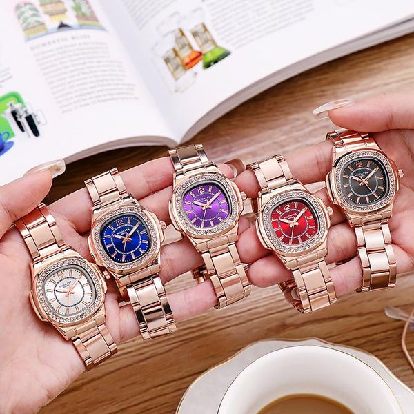 

wristwatches 2021 women full rhinestone quartz watch fashion square dial dress wristwatch analog female casual clock relogio feminino, Slivery;brown