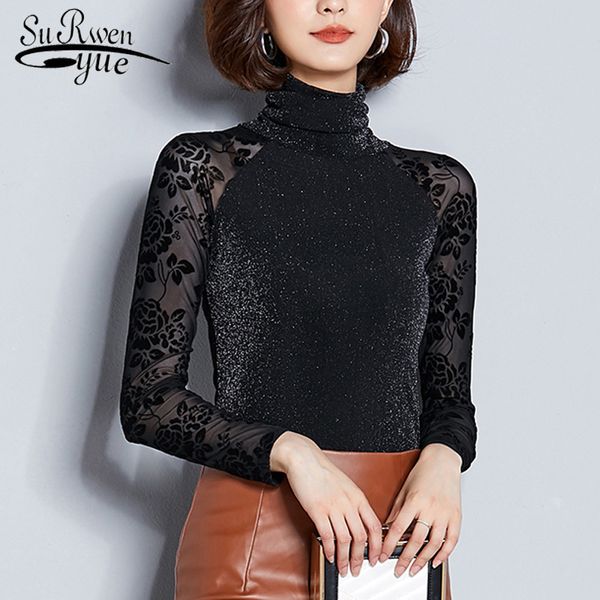 

autumn winter women shirts lady flower print blouses slim joker black turtleneck stitching mesh base shirt 6450 50 210508, White