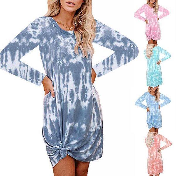 

autumn women's tie dye printing loose long sleeve dress two piece, White