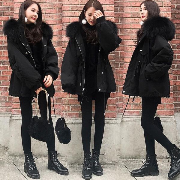 

women's down & parkas 2021 coat winter women with thick fur collar short medium long cotton-padded jacket, Black