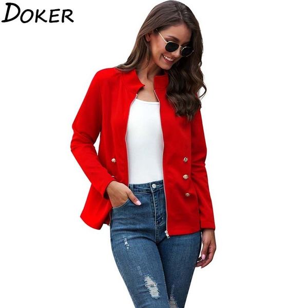 

autumn new elegant red jacket women stand collar long sleeve jackets zipper famale streetwear basic short coat 210423, Black;brown