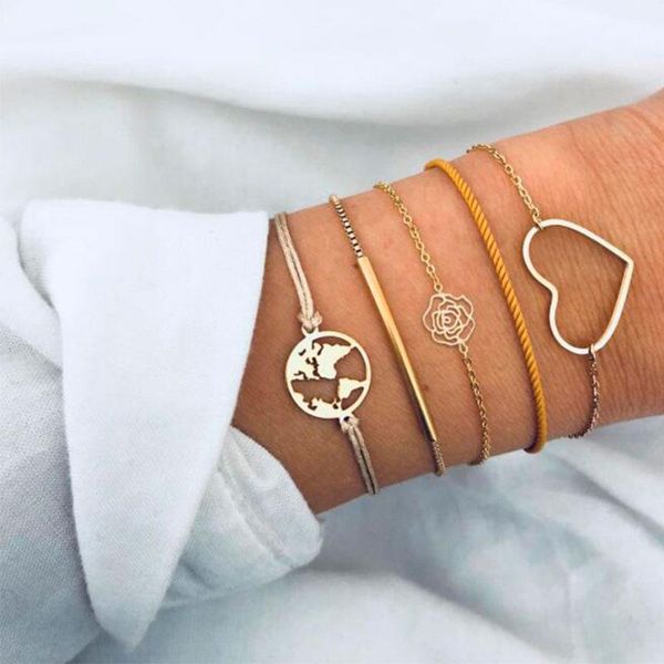 

charm bracelets 5 pcs/set big heart hollow flower circle map charms multi-layer gold metal chain set for women simple style jewelry, Golden;silver