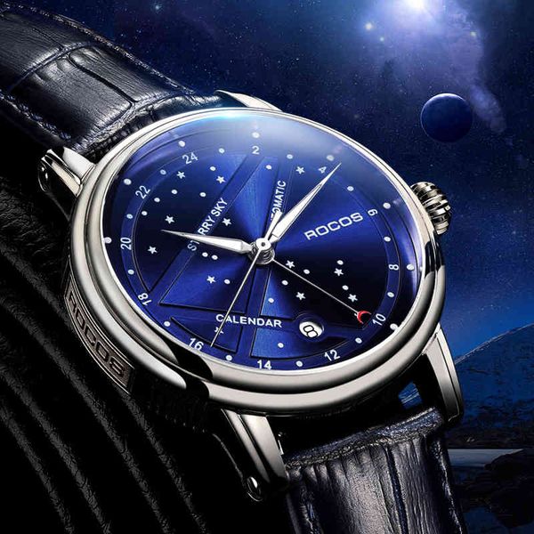 

watch rocos men's automatic mechanical luxury night sky waterproof sport date luminescence sapphire wristwatch r0108, Slivery;brown
