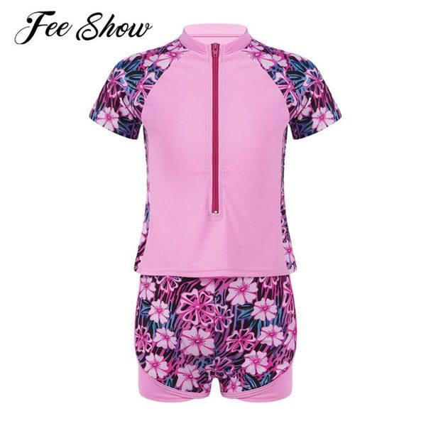 

one-pieces kids girls swimming suits swimwear 2pcs rashguard set short sleeve front zipper and shorts bathing suit beachwear, Black