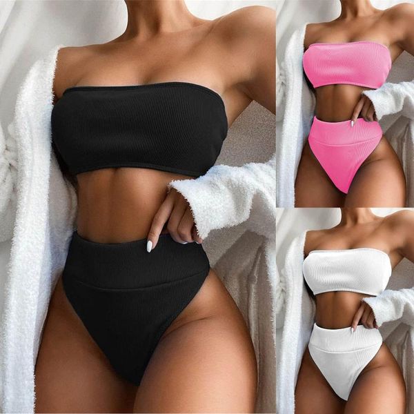 

women's swimwear 2021 bikini women high waist strapless pure color swimsuit bathing suit monokin biquini female, White;black