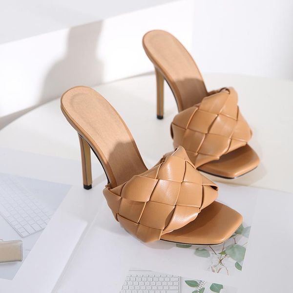 

dress shoes square toe sandals ladies 2021 summer women pu leather plaid outside thin high heels slippers female brown woman, Black