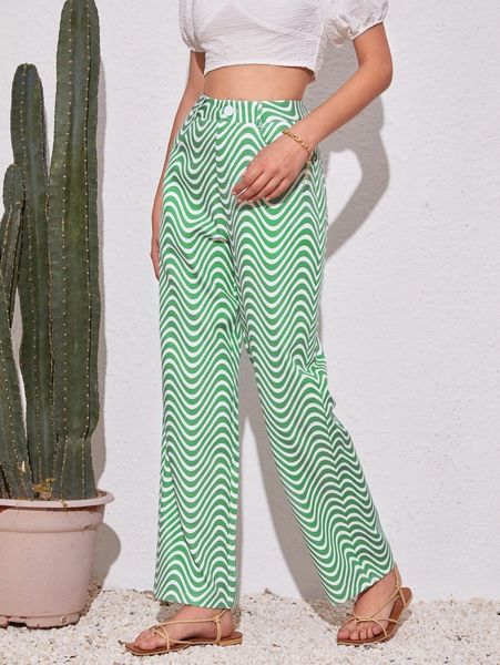 

wave print straight leg pants g9fd#, Black;white
