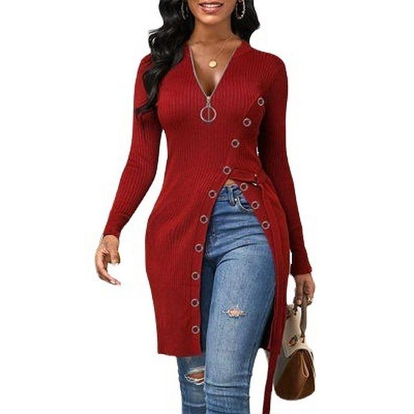 

casual dresses women dress fall/winter 2021 v-neck long sleeve high split solid color t-shirt zippers fashion vestidos, Black;gray