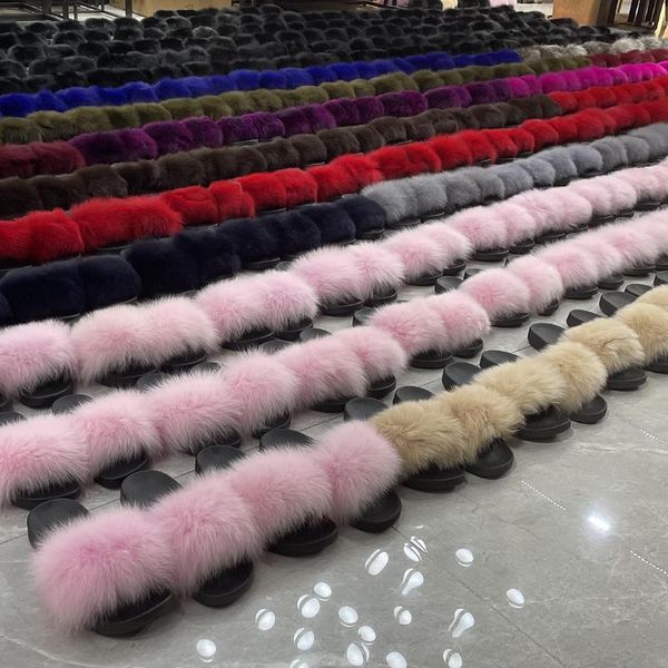 

women genuine fur slippers flat non-slip real slides true to size drop ship, Black
