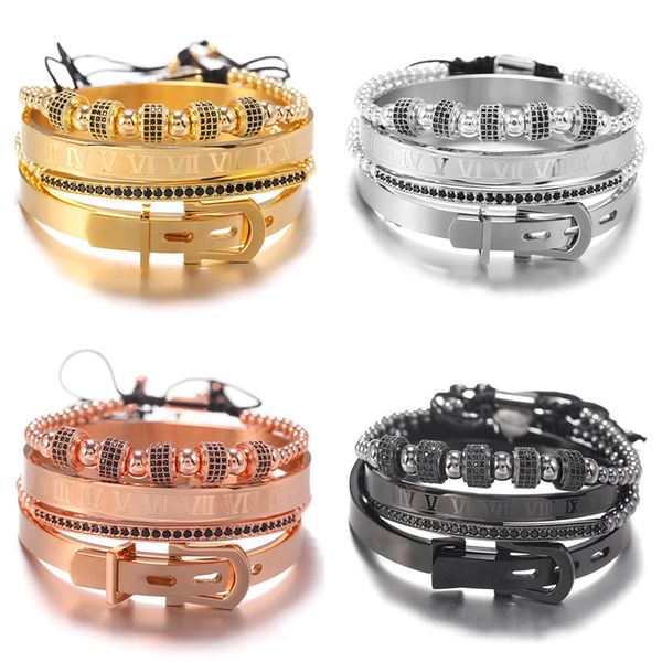 

new 4pcs/set men titanium steel roman number bracelet gold crown charms macrame beads bangle bracelet braiding fashion mens bracelets, Golden;silver