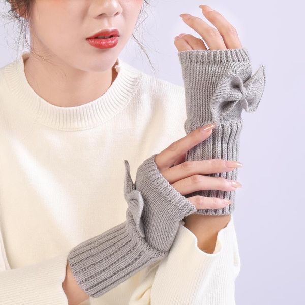 

five fingers gloves korean version of autumn and winter women' bowknot cute fashion knitted woolen warm half-finger fingerless, Blue;gray