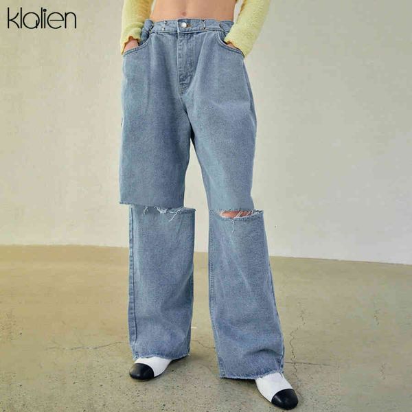 

jean 2021 spring summer new high waist loose hole solid cotton blue jeans women casual street wild female wide leg pants