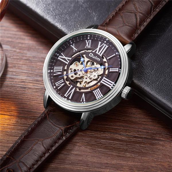 

wristwatches oulm casual leather roman numerals men's mechanical genuine automatic self-wind male business wrist watch, Slivery;brown