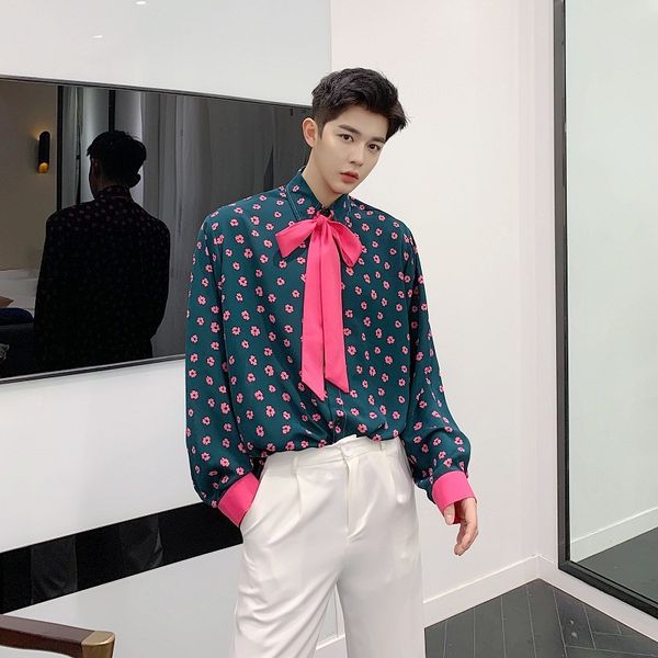 

men's casual shirts men bow tie long sleeve japan korea style male vintage flower print dress stage clothing ziad, White;black