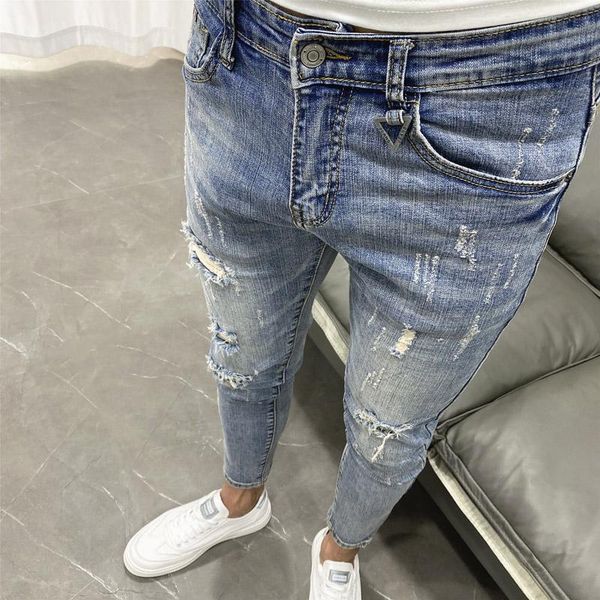 

men's jeans wholesale ripped light blue cat beard scratches slim feet ankle length summer trend young students pencil