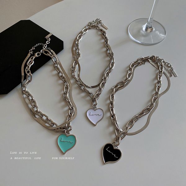 

chain women pendants titanium steel oil dripping love two-piece necklace south korea sweet cool versatile personality clavicle ins fashion f, Silver