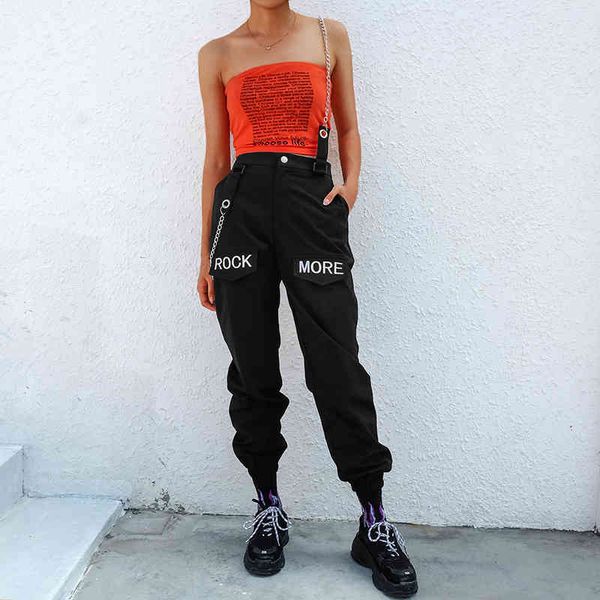 

rapwriter hip hop chains patchwork letter embroidery women elastic high waist pants capris black trousers female 200930, Black;white